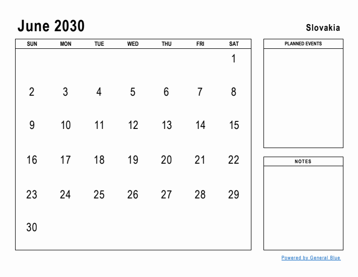 June 2030 Printable Monthly Calendar with Slovakia Holidays