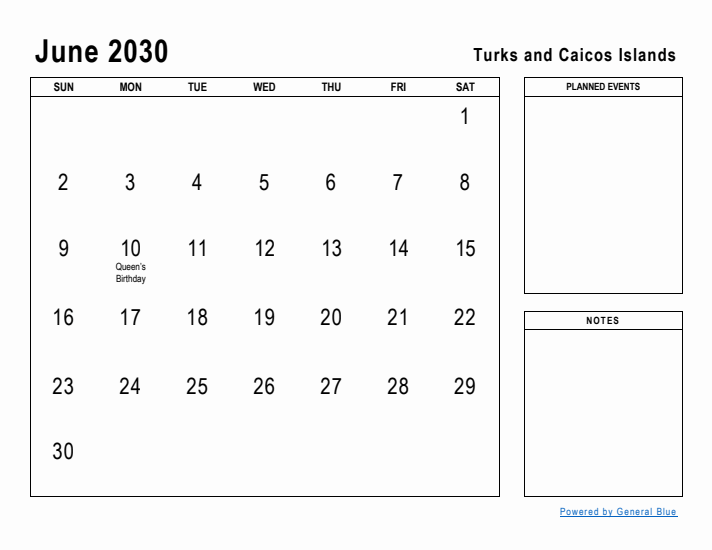 June 2030 Printable Monthly Calendar with Turks and Caicos Islands Holidays