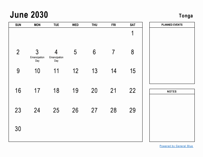 June 2030 Printable Monthly Calendar with Tonga Holidays