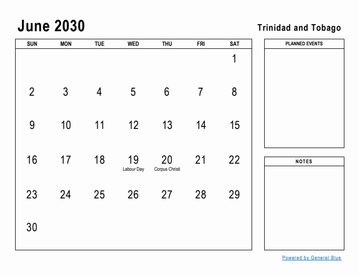 June 2030 Printable Monthly Calendar with Trinidad and Tobago Holidays