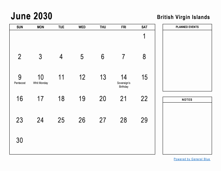 June 2030 Printable Monthly Calendar with British Virgin Islands Holidays