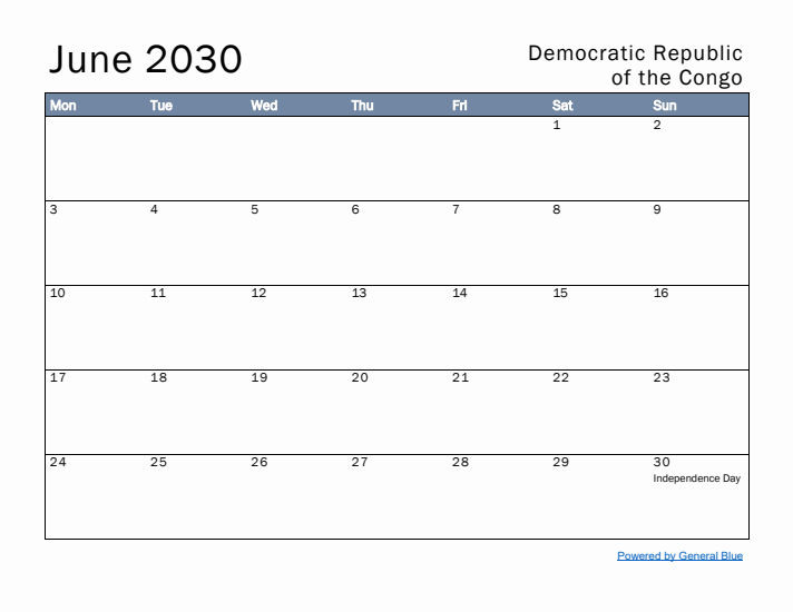 June 2030 Simple Monthly Calendar for Democratic Republic of the Congo