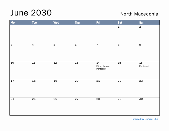 June 2030 Simple Monthly Calendar for North Macedonia