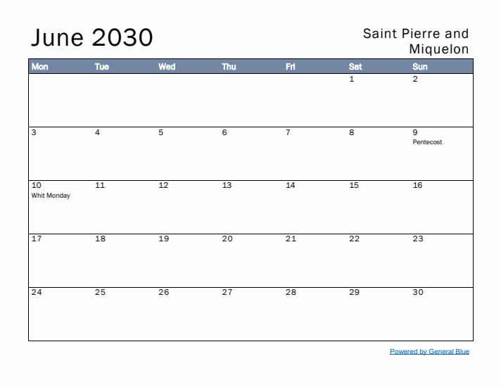 June 2030 Simple Monthly Calendar for Saint Pierre and Miquelon