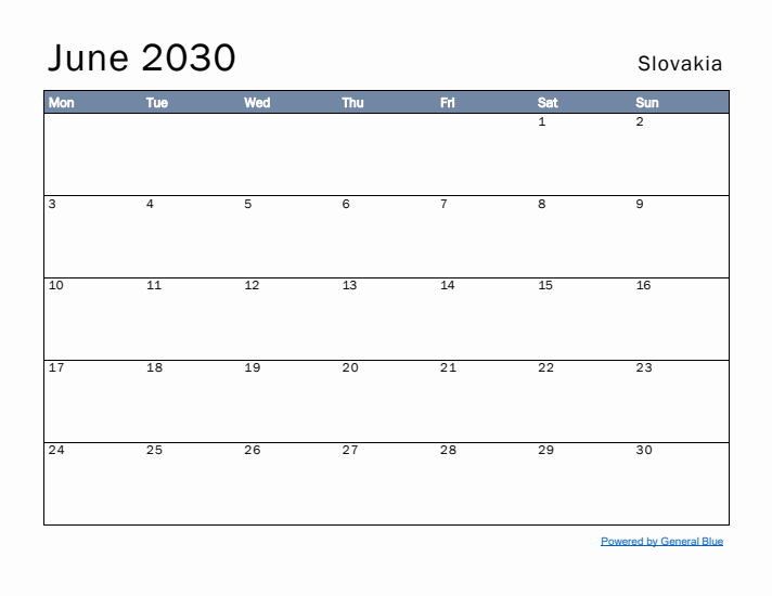 June 2030 Simple Monthly Calendar for Slovakia