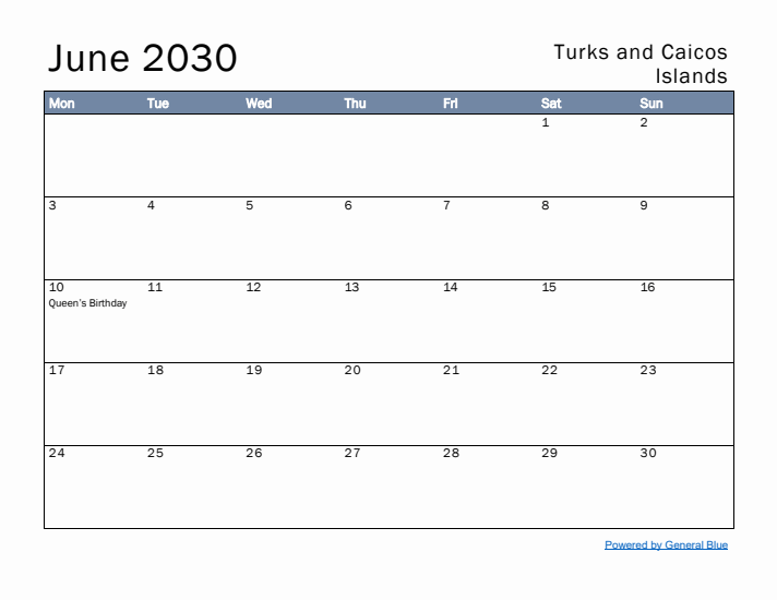 June 2030 Simple Monthly Calendar for Turks and Caicos Islands