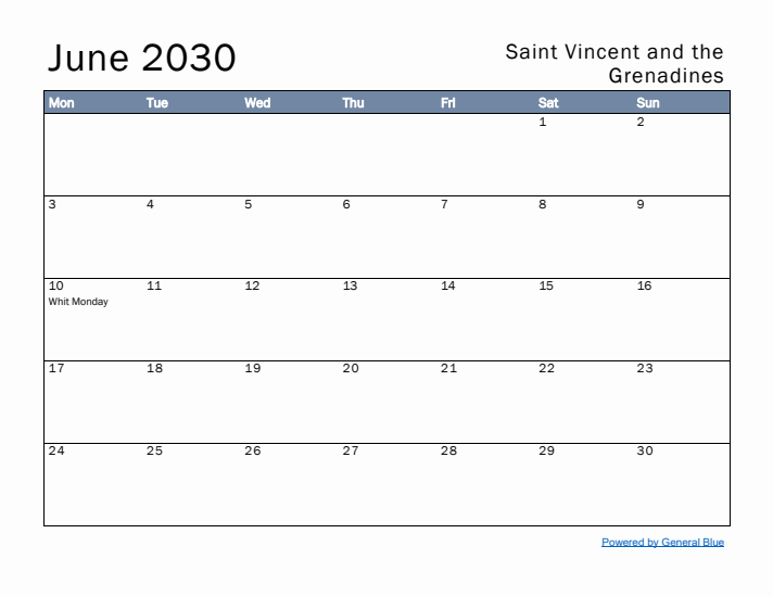 June 2030 Simple Monthly Calendar for Saint Vincent and the Grenadines