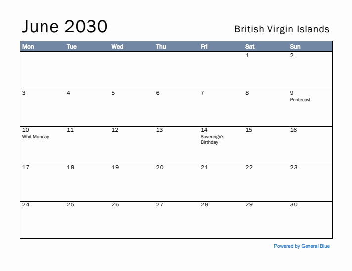 June 2030 Simple Monthly Calendar for British Virgin Islands