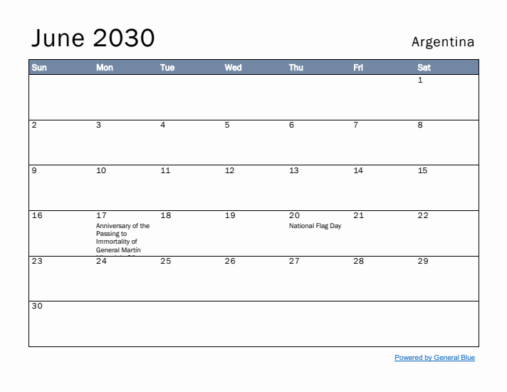 June 2030 Simple Monthly Calendar for Argentina