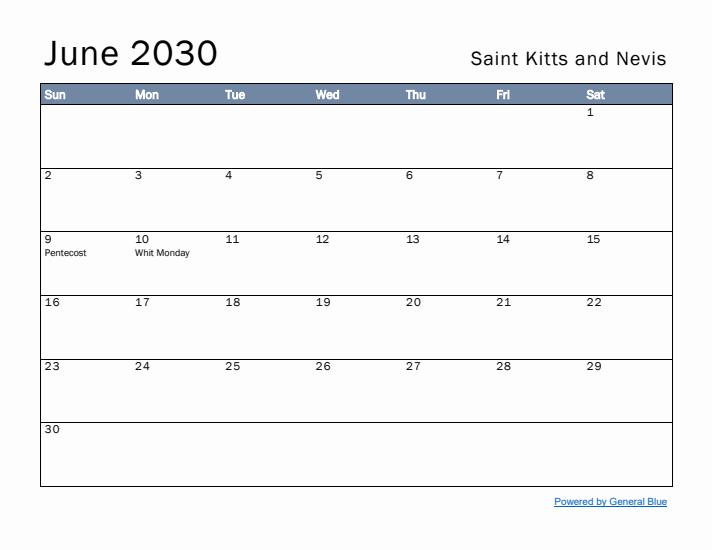 June 2030 Simple Monthly Calendar for Saint Kitts and Nevis