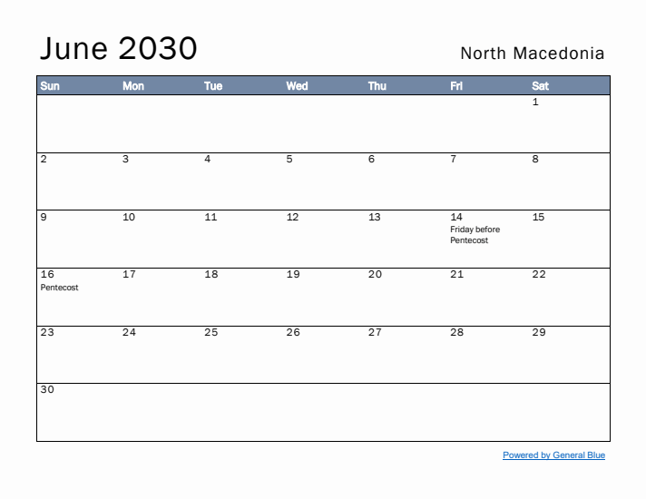 June 2030 Simple Monthly Calendar for North Macedonia