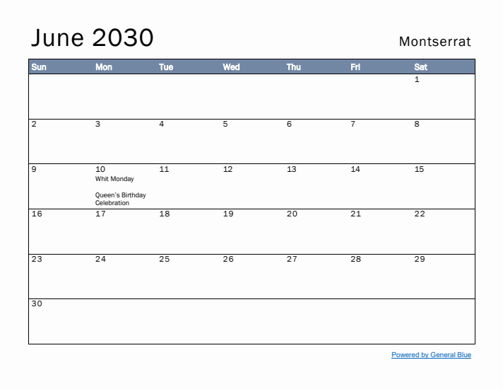 June 2030 Simple Monthly Calendar for Montserrat