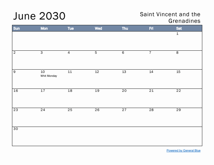 June 2030 Simple Monthly Calendar for Saint Vincent and the Grenadines