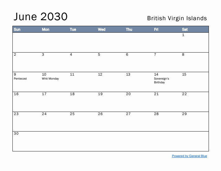 June 2030 Simple Monthly Calendar for British Virgin Islands