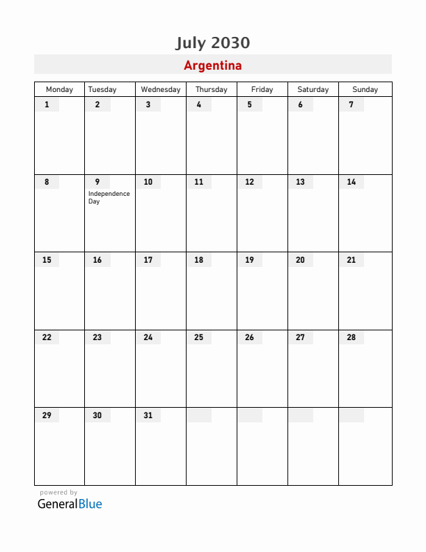 Argentina July 2030 Calendar with Holidays