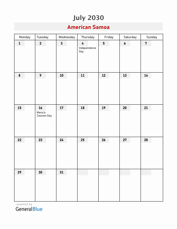 American Samoa July 2030 Calendar with Holidays