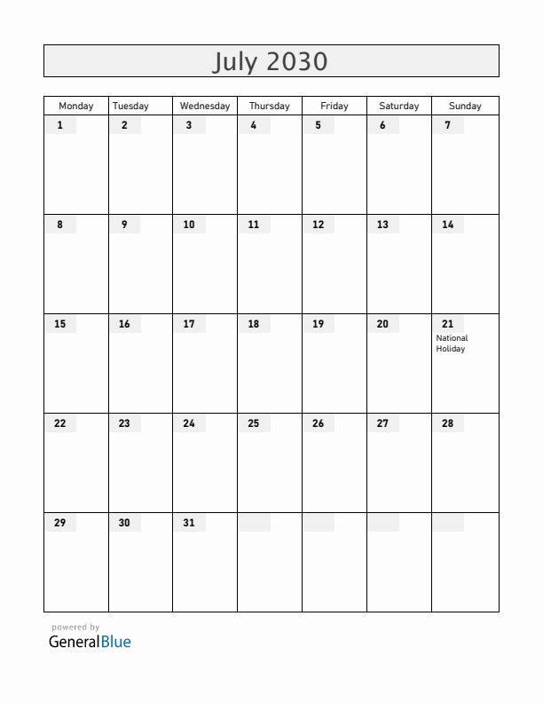 Belgium July 2030 Calendar with Holidays