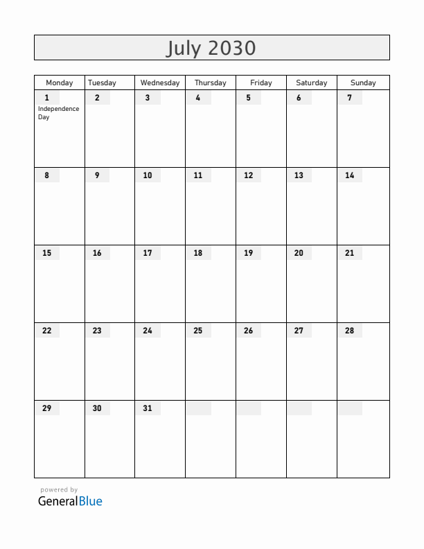 Burundi July 2030 Calendar with Holidays