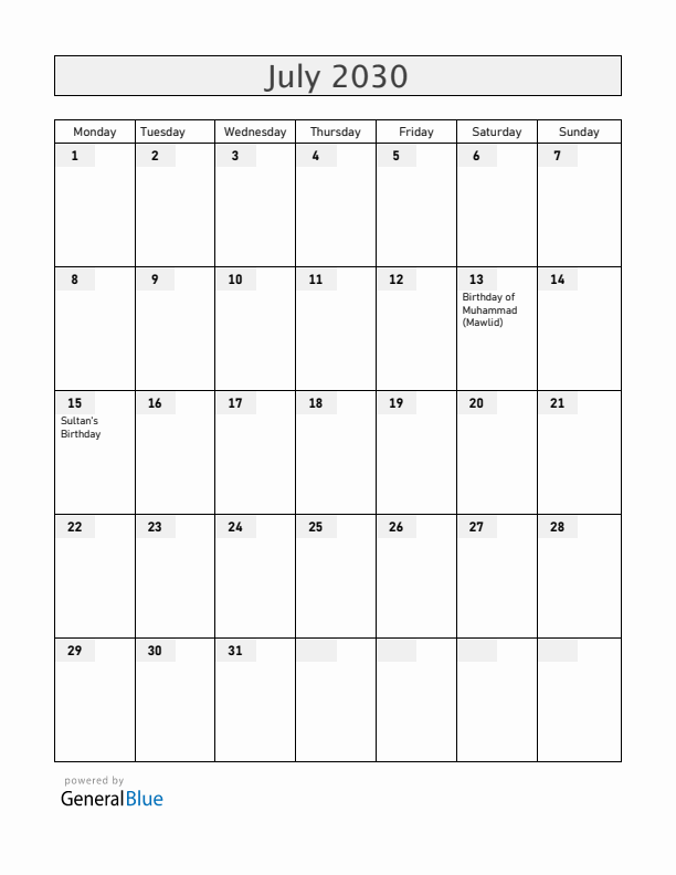 Brunei July 2030 Calendar with Holidays