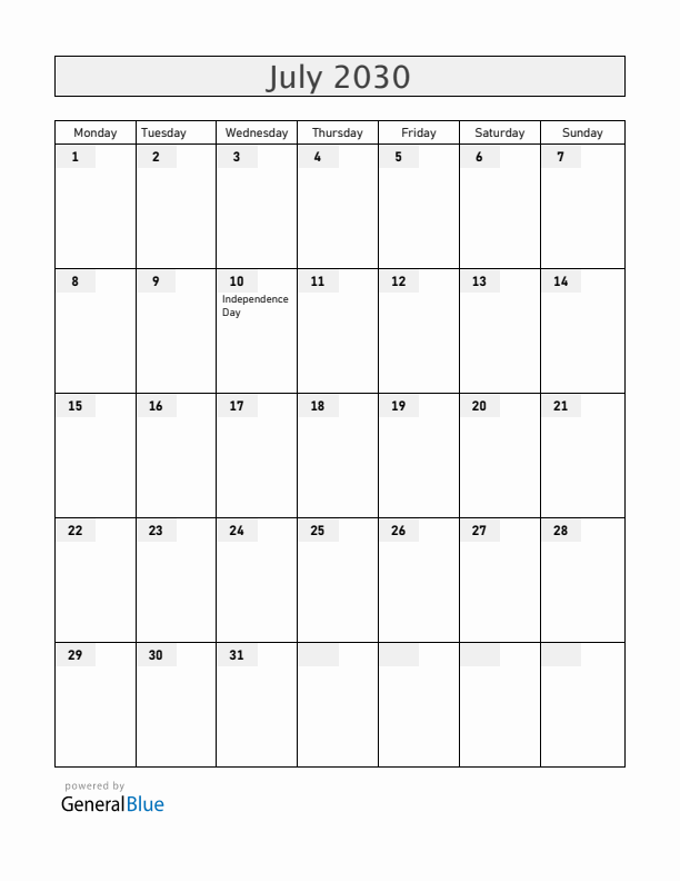 Bahamas July 2030 Calendar with Holidays