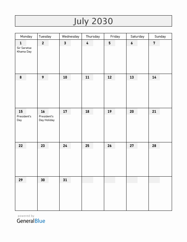 Botswana July 2030 Calendar with Holidays