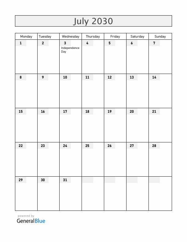 Belarus July 2030 Calendar with Holidays