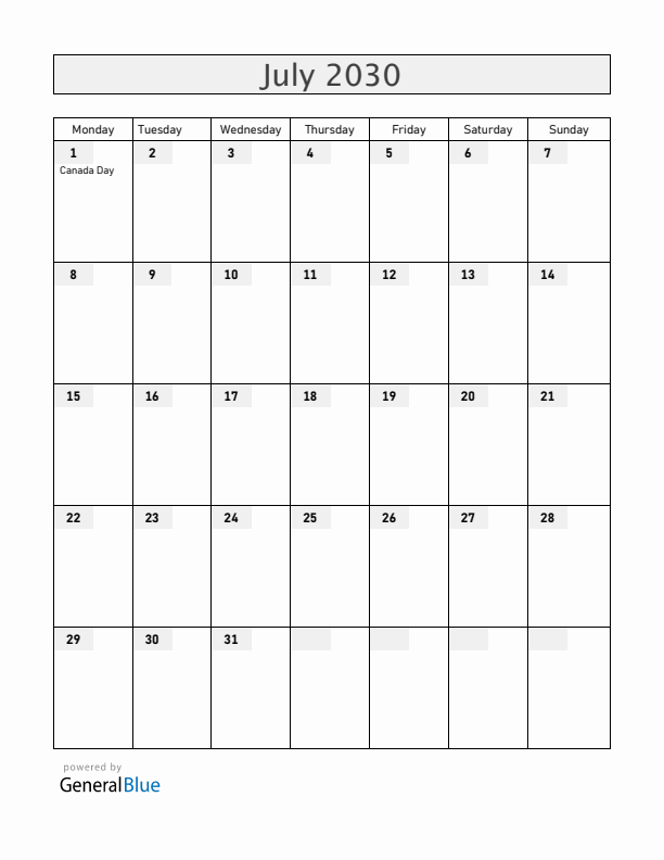 Canada July 2030 Calendar with Holidays