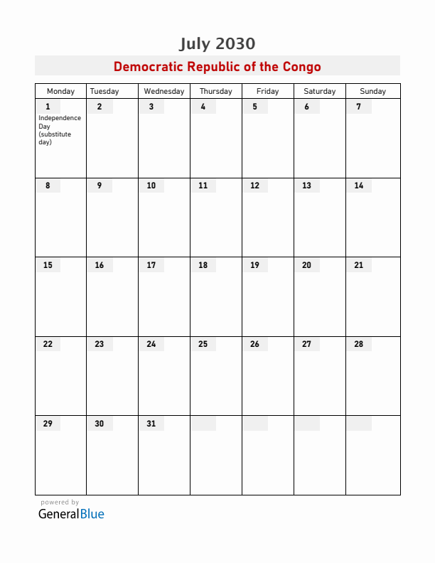 Democratic Republic of the Congo July 2030 Calendar with Holidays