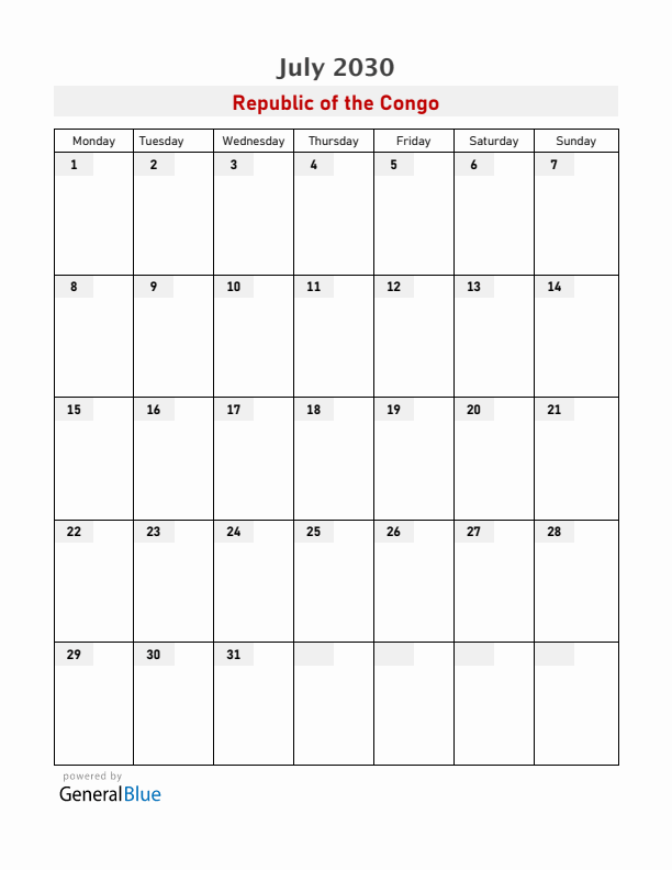 Republic of the Congo July 2030 Calendar with Holidays