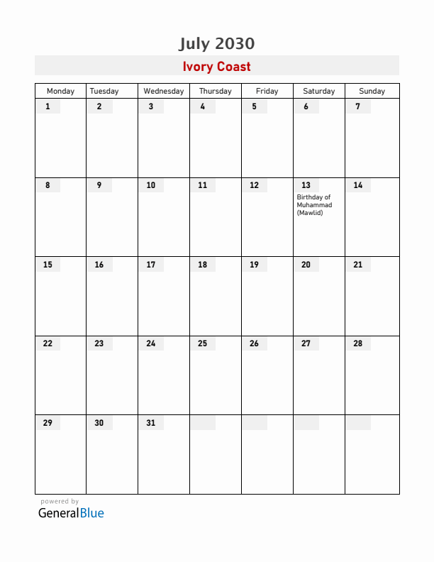 Ivory Coast July 2030 Calendar with Holidays
