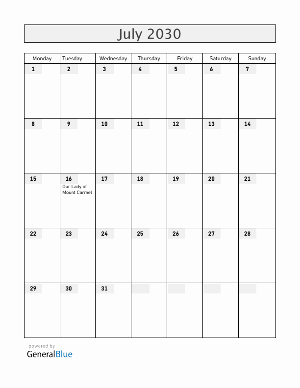 Chile July 2030 Calendar with Holidays