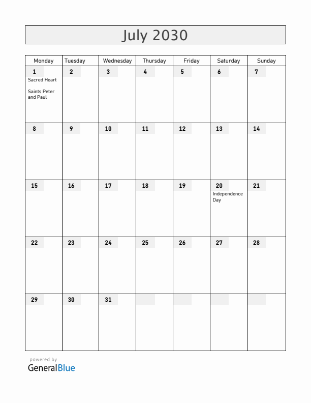 Colombia July 2030 Calendar with Holidays