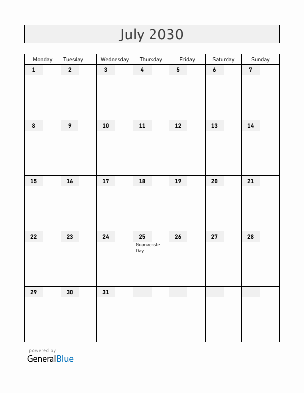 Costa Rica July 2030 Calendar with Holidays