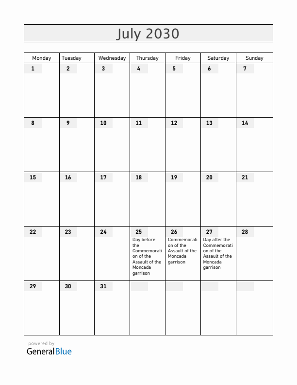 Cuba July 2030 Calendar with Holidays