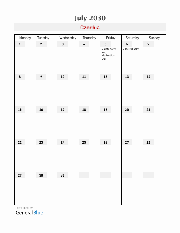 Czechia July 2030 Calendar with Holidays