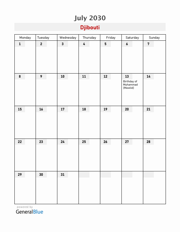 Djibouti July 2030 Calendar with Holidays