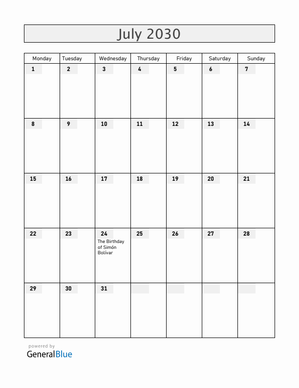Ecuador July 2030 Calendar with Holidays
