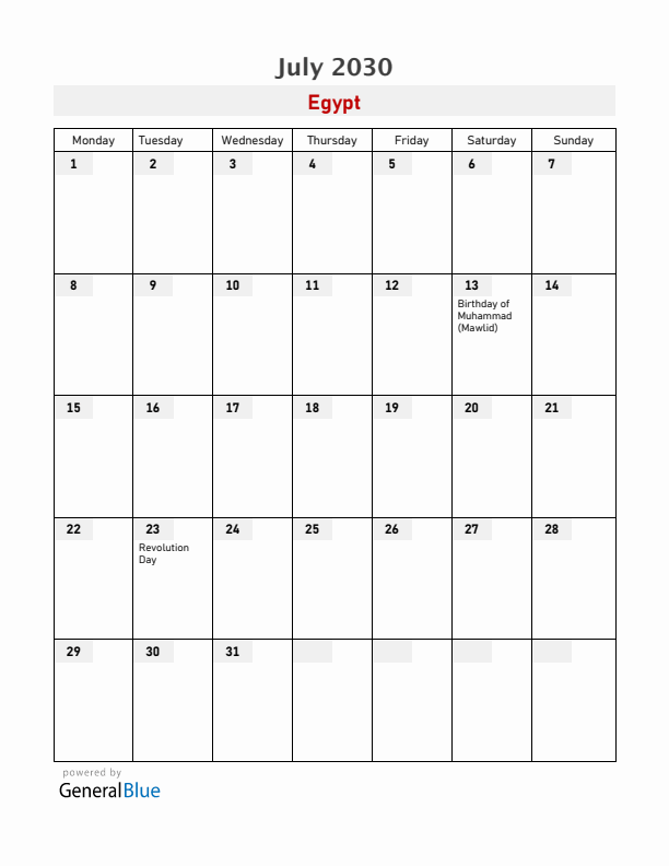 Egypt July 2030 Calendar with Holidays