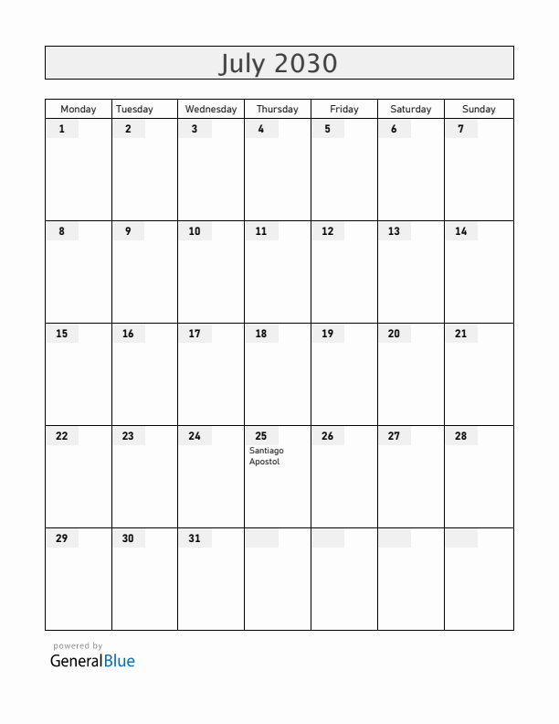 Spain July 2030 Calendar with Holidays