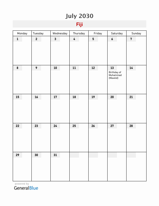 Fiji July 2030 Calendar with Holidays