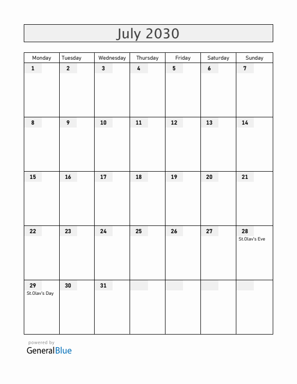 Faroe Islands July 2030 Calendar with Holidays