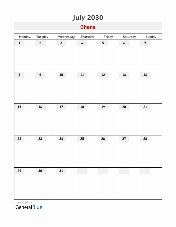 Ghana July 2030 Calendar with Holidays