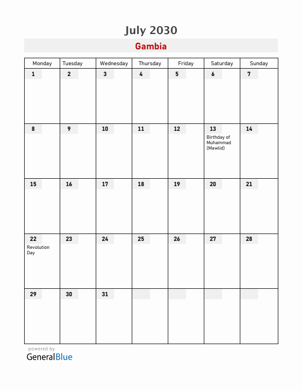 Gambia July 2030 Calendar with Holidays