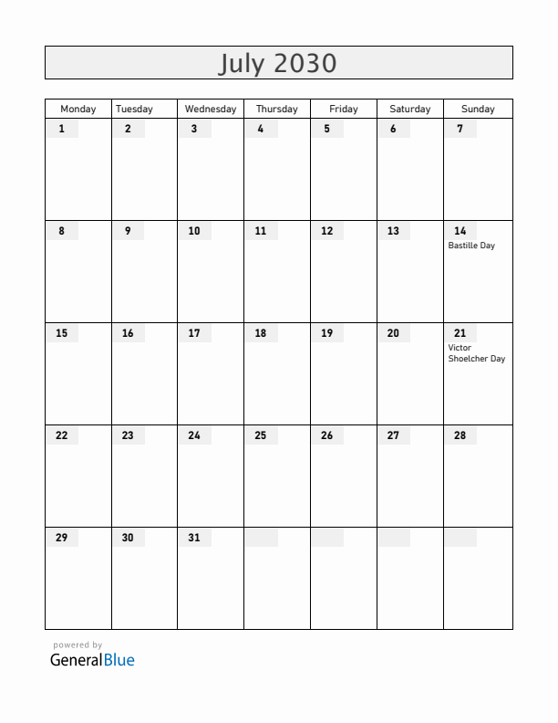 Guadeloupe July 2030 Calendar with Holidays