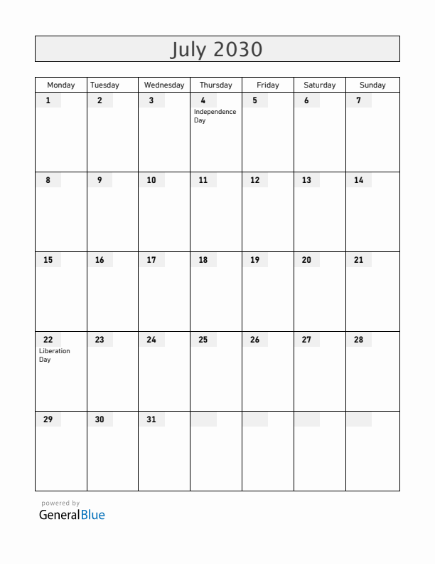 Guam July 2030 Calendar with Holidays