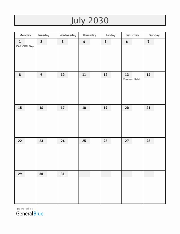 Guyana July 2030 Calendar with Holidays