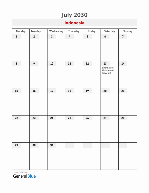 Indonesia July 2030 Calendar with Holidays