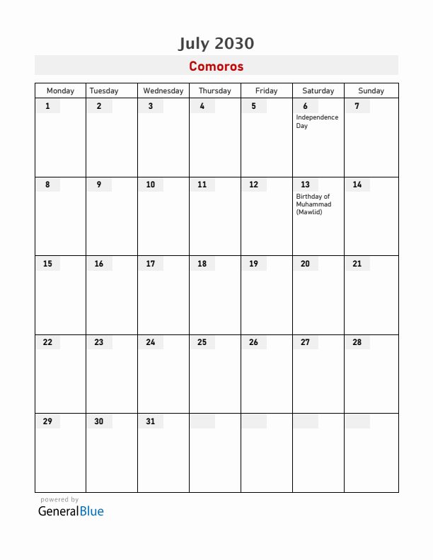 Comoros July 2030 Calendar with Holidays