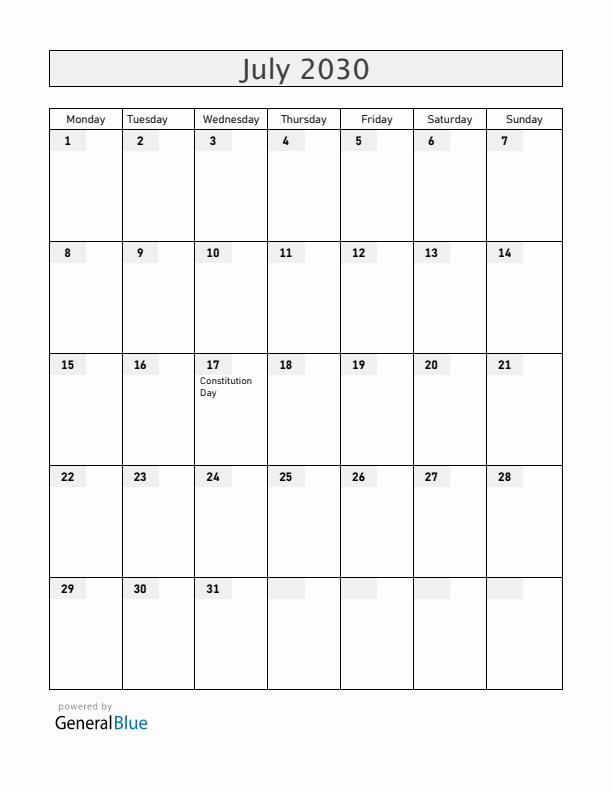 South Korea July 2030 Calendar with Holidays