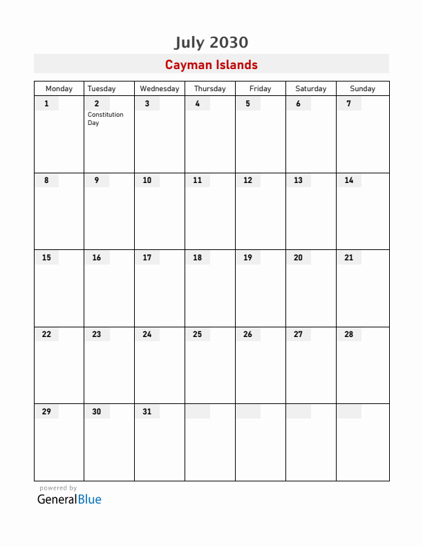 Cayman Islands July 2030 Calendar with Holidays